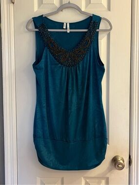 Vintage Y2K Studio Y Stretchy Teal Beaded Embellished Long Shirt Dress Size L.